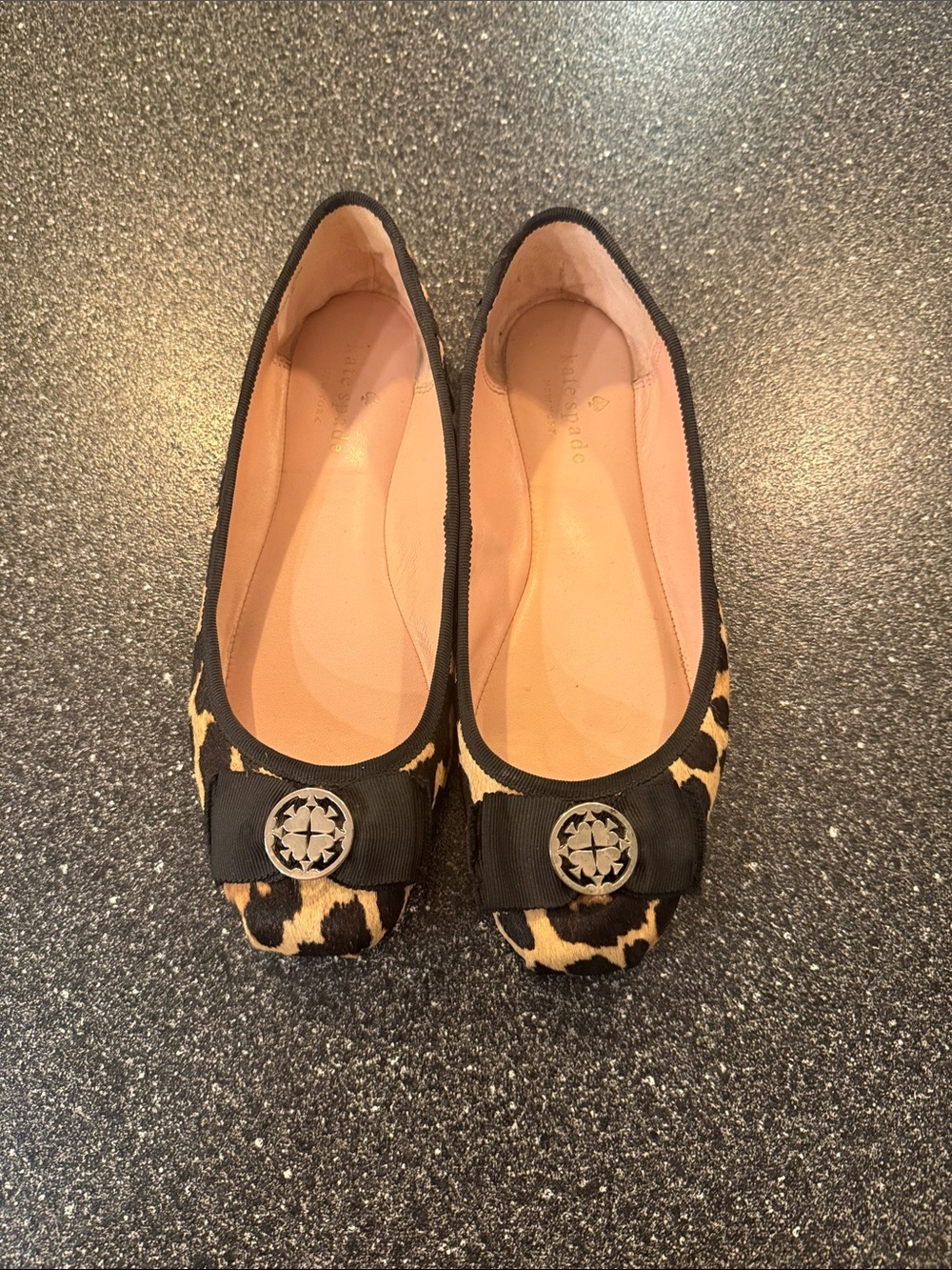 Women’s kate spade Leopard-Print Ballet Flats with Black Bow and Logo - size 7.5